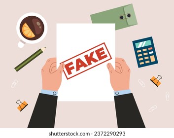 Fake document profile fraud paper office stamp concept. Vector flat graphic design illustration