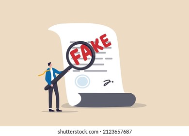 Fake Document, Wrong Information Verification Or Fake News Inspection, Fraud And Illegal Reports Concept, Smart Businessman Inspector Using Magnifying Glass To Verify Fake Document.
