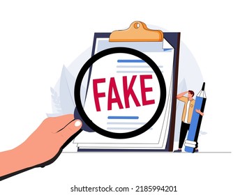 Fake document, wrong information verification or fake news inspection, fraud and illegal reports concept, smart businessman inspector using magnifying glass to verify fake document. Fake news, wrong