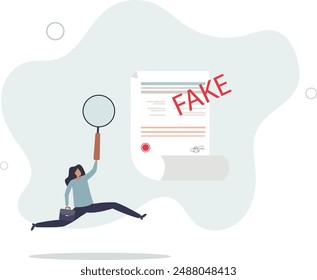 Fake document, wrong information verification or fake news inspection, fraud and illegal reports concept.flat design.illustration with people.