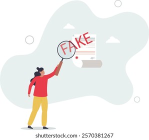 Fake document, wrong information verification or fake news inspection, fraud and illegal reports concept.flat characters.