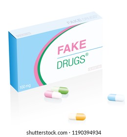 Fake Drugs Medicine Package With Colored Capsules, Pharmaceutical Fake Product. Symbolic For Risk And Danger Of Illegal Produced And Sold Pharmaceuticals Or Harmful Counterfeit Pills. Isolated Vector 