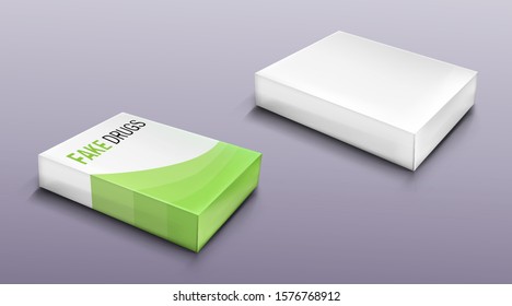 Fake Drugs Package Set, Mockup Carton Blank Box With Counterfeit Forgery Medicine. Template Packaging Medicaments Or Pharmaceutical Product Isolated On Gray Background Realistic 3d Vector Illustration