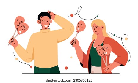 Fake emotion concept. Man and woman with masks with different facial expressions. Pretense and lies, social pressure. People play roles. Mental health and psychology. Cartoon flat vector illustration