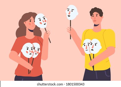 Fake emotion, play a role concept. Character holds masks with different emotions. Vector illustration, flat style