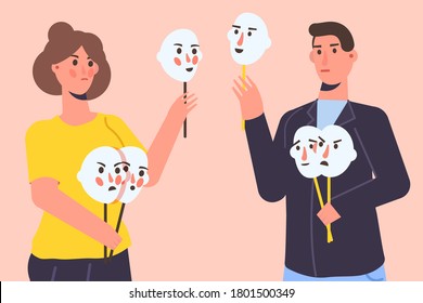 Fake emotion, play a role concept. Character holds masks with different emotions. Vector illustration, flat style