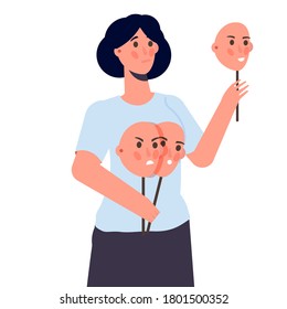 Fake emotion, play a role concept. Character holds masks with different emotions. Vector illustration, flat style