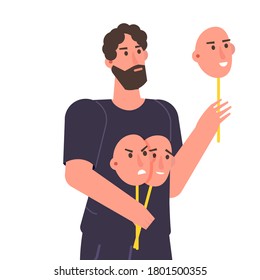 Las emociones falsas, juegan un concepto de rol. El personaje sostiene máscaras con diferentes emociones. Ilustración vectorial, estilo plano