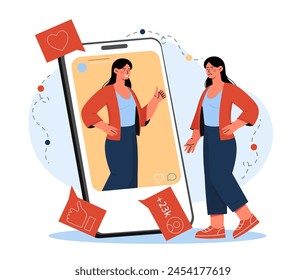 Fake emotion woman. Sad young girl look at smartphone with smiling. Pretender and lier. Negative feelings and emotions, frustration and depression. Cartoon flat vector illustration