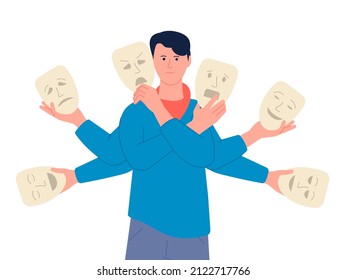 Fake emotions. Face mask changing person, various emotion or borderline disorder. Person has many expressions, anger and lie, recent vector concept