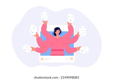 Fake emotions social media. Woman hold different emotional masks. Mental disorder, psychology problems girl. False happiness and joy, virtual lie vector concept