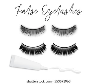 Fake eyelashes and glue with white stripe isolated on white background, vector illustration. Woman's cosmetic elements, hand drawn text.