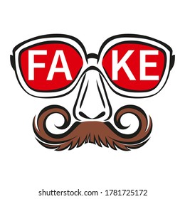 Fake face mask with glasses and mustache icon. Person hiding true face. Concept incognito, spreading false info and propaganda in media, deception, spreading lies.  Flat vector sign for news website.