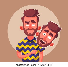 Fake face. Skeptical man wear happy mask. Cartoon vector illustration