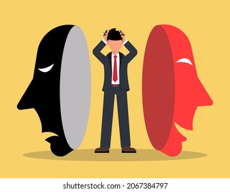 Fake faces and emotions. Businessman searching identity masks with happy or sad expressions