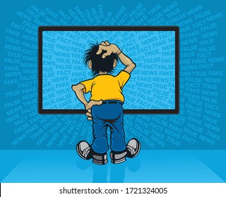 Fake False News Truth Fact cartoon vector. Fake news is false or misleading information presented as news. Fake news often has the aim of damaging the reputation of a person or entity, or making money