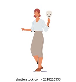 Fake Feelings, Impostor Syndrome, Hypocrisy Concept. Sad Female Character Hide Real Emotions Under Mask. Woman Hiding Emotions due to Social Norms and Community Pressure. Cartoon Vector Illustration