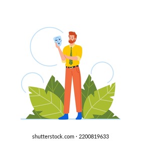 Fake Feelings and Relationships Concept. Business Male Character Hide Real Emotions Under Mask. Man Put Mask at Work due to Social Norms and Community Pressure. Cartoon Vector Illustration