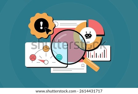 Fake follower checker tool for detecting fraudulent engagement in influencer marketing. Social media audit to avoid fake collaborations and bot activity. Vector illustration and icons