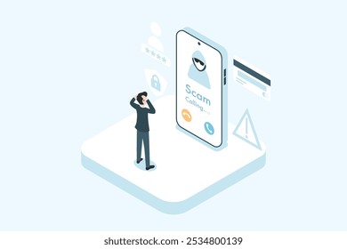 Fake fraud scammer isometric design, business man use smartphone with incoming call from unknown number, spam, hoax person, fake identity, scammer, scam with mobile phone, hacker, call center, crime