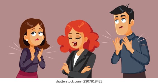 
Fake Friends Congratulating their Colleague for Promotion at Work Vector Cartoon Illustration. Smug arrogant manager bragging about her performance 
