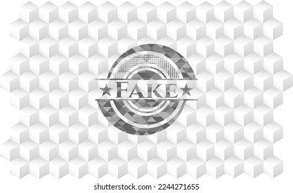 Fake grey badge with geometric cube white background. 