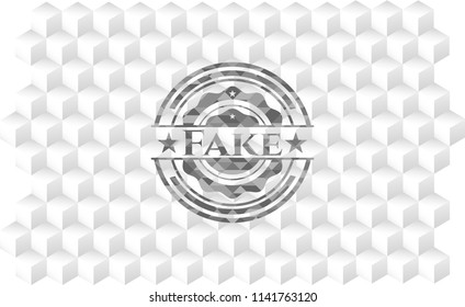 Fake grey emblem with cube white background