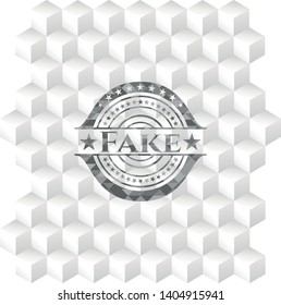 Fake grey emblem. Retro with geometric cube white background