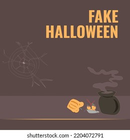 Fake Halloween poster with pumpkin, a jug of boiling water and cobwebs on the brown wall. Negative space is available for text. Suitable for many purposes.