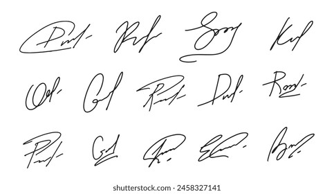 Fake hand drawn autographs . Handwritten signature scribble for business certificate or letter.