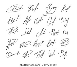 Fake hand drawn autographs . Handwritten signature scribble for business certificate or letter. Vector isolated illustration