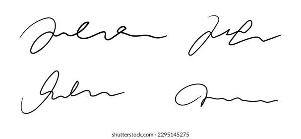 Fake hand drawn autographs set. Handwritten signature scribble for business certificate or letter. Vector isolated illustration