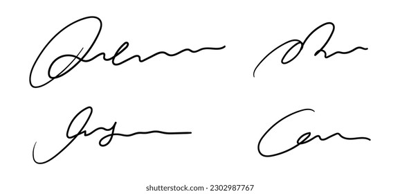 Fake hand drawn autographs set. Handwritten signature scribble for business certificate or letter. Vector isolated illustration