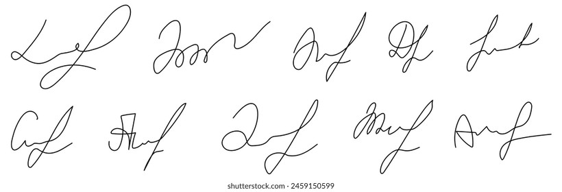 Fake hand written signatures. Different example signatures isolated in white background
