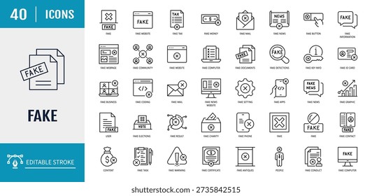 Fake icon set. Includes Fake, Disinformation, hoax, and more. Outline Icon Set. Editable stroke with Vector illustration