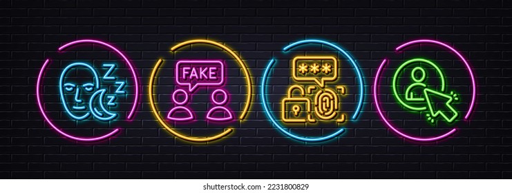 Fake information, Biometric security and Sleep minimal line icons. Neon laser 3d lights. User icons. For web, application, printing. Wrong talk, Fingerprint secure, Dream face. Project manager. Vector