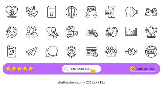 Informações falsas, gráfico de colunas e ícones de linha crescidos locais para aplicativo Web. Pacote de excelência operacional, à prova d'água, Carregar ícones de pictograma de arquivo. Detecção ocular, tribunal de magistrados, sinais de identidade facial. Vetor