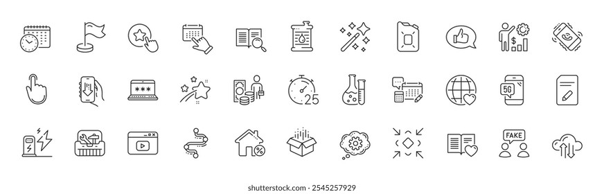 Fake information, Oil barrel and Cogwheel line icons. Pack of Money profit, Loyalty star, Falling star icon. Magic wand, Hand click, Search text pictogram. Timeline, Toolbox, Calendar time. Vector