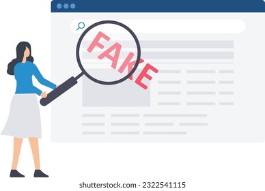 Fake information spreading on websites and social media, Screening or verifying the truth, Women with a magnifying glass verifies fake news on a website

