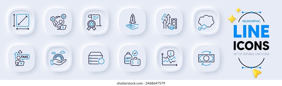 Fake internet, Change money and Carry-on baggage line icons for web app. Pack of Square area, Inflation, Certificate pictogram icons. Lgbt, Chart, Recovery server signs. Crowdfunding. Vector