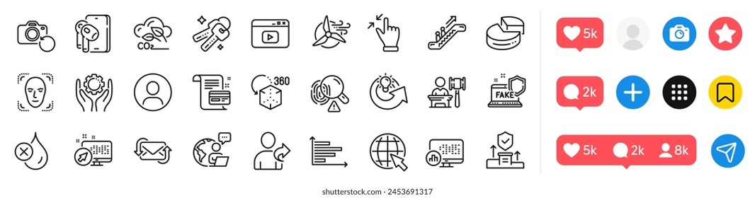 Fake internet, Internet and Headshot line icons pack. Social media icons. Report statistics, Keys, Fingerprint web icon. Employee hand, Face detection, Payment card pictogram. Recovery photo. Vector