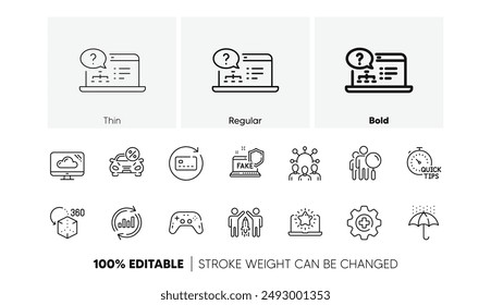 Fake internet, Medicine and Augmented reality line icons. Pack of Gamepad, Best laptop, Cloud storage icon. Online help, Update data, Quick tips pictogram. Search people, Renew card, Squad. Vector