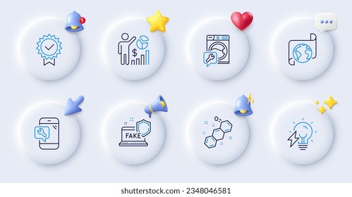 Fake internet, Phone repair and Translation service line icons. Buttons with 3d bell, chat speech, cursor. Pack of Electricity bulb, Seo statistics, Washing machine icon. Vector