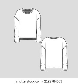 Fake Layer Long Sleeve Crew Neck T shirt Drop Shoulder High Low Hem cad Fashion design technical drawing sketch template design