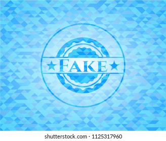 Fake light blue emblem with triangle mosaic background