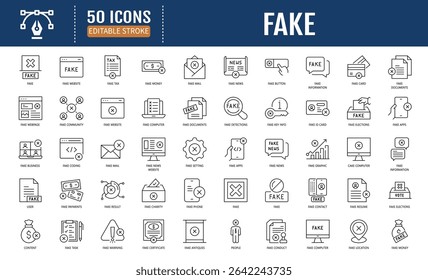 Fake line editable icon set. Containing Fake,
Disinformation, hoax, and more. Editable stroke. Vector
illustration