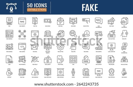 Fake line editable icon set. Containing Fake,
Disinformation, hoax, and more. Editable stroke. Vector
illustration