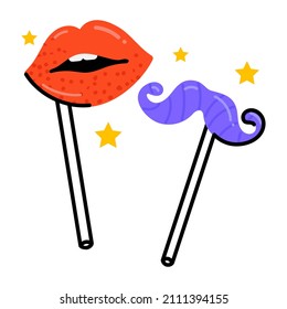 Fake lips and moustaches, flat icon of party props 

