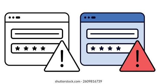 Fake login page icon with warning sign. Outline and color style vector illustration representing phishing and online credential theft.