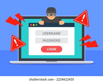 Fake Login-Fenster-Browser mit Hacker auf Laptop-Bildschirm. Technologiebedrohungskonzept für Datenphishing, Passworthacken, Betrug auf der Website, Betrug oder Cyberkriminalität. Flacher Cartoon, Vektorsymbol.